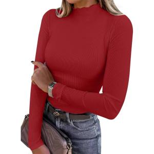 ANRABESS Women’s Lettuce Trim Mock Neck Long Sleeve Tops 2025 Casual Dressy Ribbed Knit Slim Fit Tee Shirt Fall Layer Outfits(Red)