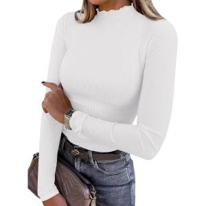 ANRABESS Women’s Lettuce Trim Mock Neck Long Sleeve Tops 2025 Casual Dressy Ribbed Knit Slim Fit Tee Shirt Fall Layer Outfits(White)
