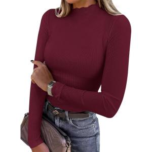 ANRABESS Women’s Lettuce Trim Mock Neck Long Sleeve Tops 2025 Casual Dressy Ribbed Knit Slim Fit Tee Shirt Fall Layer Outfits(Wine Red)