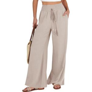 ANRABESS Women’s Linen Pants Summer Casual Palazzo Beach Pant Drawstring High Waist Wide Leg Trousers Vacation Outfits(Apricot)