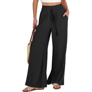 ANRABESS Women’s Linen Pants Summer Casual Palazzo Beach Pant Drawstring High Waist Wide Leg Trousers Vacation Outfits(Black)
