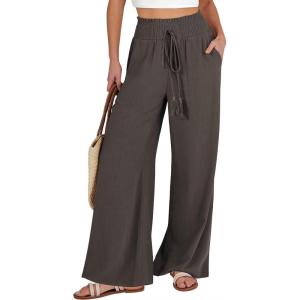 ANRABESS Women’s Linen Pants Summer Casual Palazzo Beach Pant Drawstring High Waist Wide Leg Trousers Vacation Outfits(Coffee)
