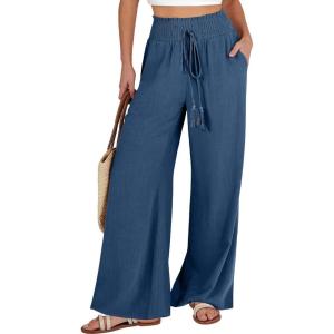 ANRABESS Women’s Linen Pants Summer Casual Palazzo Beach Pant Drawstring High Waist Wide Leg Trousers Vacation Outfits(Deep Blue)