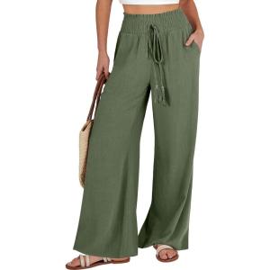 ANRABESS Women’s Linen Pants Summer Casual Palazzo Beach Pant Drawstring High Waist Wide Leg Trousers Vacation Outfits(Deep Green)