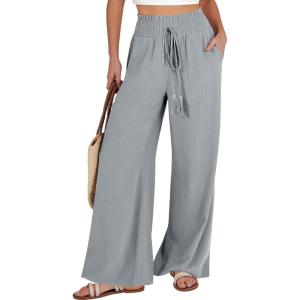 ANRABESS Women’s Linen Pants Summer Casual Palazzo Beach Pant Drawstring High Waist Wide Leg Trousers Vacation Outfits(Gray)