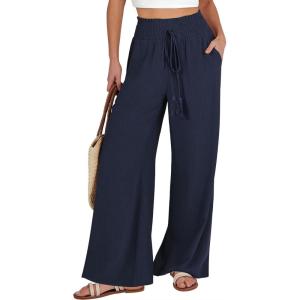 ANRABESS Women’s Linen Pants Summer Casual Palazzo Beach Pant Drawstring High Waist Wide Leg Trousers Vacation Outfits(Navy Blue)