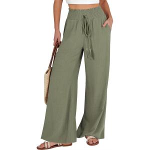 ANRABESS Women’s Linen Pants Summer Casual Palazzo Beach Pant Drawstring High Waist Wide Leg Trousers Vacation Outfits(Olive)