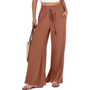 ANRABESS Women’s Linen Pants Summer Casual Palazzo Beach Pant Drawstring High Waist Wide Leg Trousers Vacation Outfits(Rust)