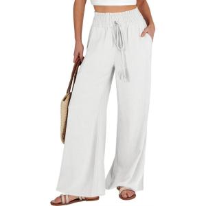 ANRABESS Women’s Linen Pants Summer Casual Palazzo Beach Pant Drawstring High Waist Wide Leg Trousers Vacation Outfits(White)