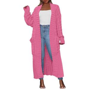 ANRABESS Womens Long Cardigan Sweater 2025 Oversized Coat Long Sleeve Open Front Knit Maxi Outwear Fall Trendy Jacket Clothes(Hot Pink)
