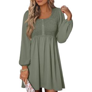 ANRABESS Womens Long Lantern Sleeve Dresses 2025 Fall Casual Smocked A-Line High Waist Flowy Short Dress with Pockets Trendy(Army Green)