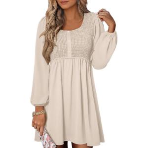 ANRABESS Womens Long Lantern Sleeve Dresses 2025 Fall Casual Smocked A-Line High Waist Flowy Short Dress with Pockets Trendy(Beige)