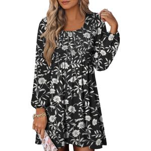 ANRABESS Womens Long Lantern Sleeve Dresses 2025 Fall Casual Smocked A-Line High Waist Flowy Short Dress with Pockets Trendy(Black Floral)