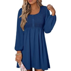 ANRABESS Womens Long Lantern Sleeve Dresses 2025 Fall Casual Smocked A-Line High Waist Flowy Short Dress with Pockets Trendy(Dark Blue)