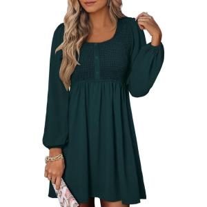 ANRABESS Womens Long Lantern Sleeve Dresses 2025 Fall Casual Smocked A-Line High Waist Flowy Short Dress with Pockets Trendy(Deep Green)