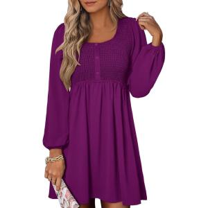 ANRABESS Womens Long Lantern Sleeve Dresses 2025 Fall Casual Smocked A-Line High Waist Flowy Short Dress with Pockets Trendy(Deep Purple)