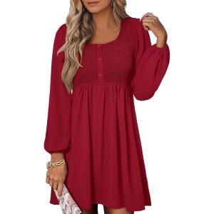 ANRABESS Womens Long Lantern Sleeve Dresses 2025 Fall Casual Smocked A-Line High Waist Flowy Short Dress with Pockets Trendy(Deep Red)