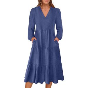ANRABESS Women’s Long Lantern Sleeve Floral Midi Dresses 2025 Fall V Neck Casual Flowy A-line Tiered Boho Vacation Long Dress(Blue)