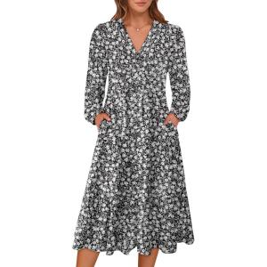 ANRABESS Women’s Long Lantern Sleeve Floral Midi Dresses 2025 Fall V Neck Casual Flowy A-line Tiered Boho Vacation Long Dress(Floral Black)