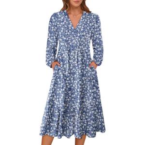 ANRABESS Women’s Long Lantern Sleeve Floral Midi Dresses 2025 Fall V Neck Casual Flowy A-line Tiered Boho Vacation Long Dress(Floral Blue)