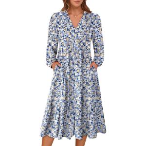 ANRABESS Women’s Long Lantern Sleeve Floral Midi Dresses 2025 Fall V Neck Casual Flowy A-line Tiered Boho Vacation Long Dress(Floral Blue Yellow)