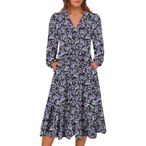 ANRABESS Women’s Long Lantern Sleeve Floral Midi Dresses 2025 Fall V Neck Casual Flowy A-line Tiered Boho Vacation Long Dress(Floral Purple Black)