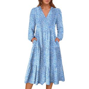 ANRABESS Women’s Long Lantern Sleeve Floral Midi Dresses 2025 Fall V Neck Casual Flowy A-line Tiered Boho Vacation Long Dress(Floral White Blue)