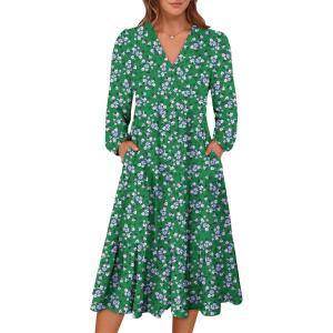 ANRABESS Women’s Long Lantern Sleeve Floral Midi Dresses 2025 Fall V Neck Casual Flowy A-line Tiered Boho Vacation Long Dress(Floral White Green)
