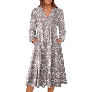 ANRABESS Women’s Long Lantern Sleeve Floral Midi Dresses 2025 Fall V Neck Casual Flowy A-line Tiered Boho Vacation Long Dress(Grey White Spot Print)