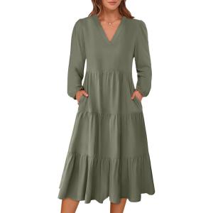 ANRABESS Women’s Long Lantern Sleeve Floral Midi Dresses 2025 Fall V Neck Casual Flowy A-line Tiered Boho Vacation Long Dress(Olive Green)