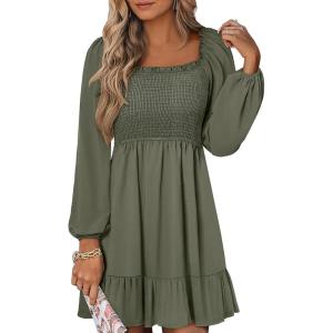 ANRABESS Womens Long Lantern Sleeve Square Neck Dress Smocked Tiered High Waist Ruffle Flowy Swing 2025 Fall Short Dresses(Army Green)