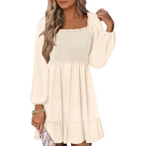 ANRABESS Womens Long Lantern Sleeve Square Neck Dress Smocked Tiered High Waist Ruffle Flowy Swing 2025 Fall Short Dresses(Beige)