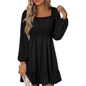 ANRABESS Womens Long Lantern Sleeve Square Neck Dress Smocked Tiered High Waist Ruffle Flowy Swing 2025 Fall Short Dresses(Black)