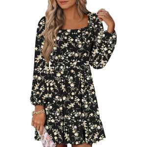 ANRABESS Womens Long Lantern Sleeve Square Neck Dress Smocked Tiered High Waist Ruffle Flowy Swing 2025 Fall Short Dresses(Black Floral)
