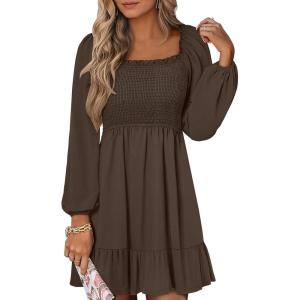 ANRABESS Womens Long Lantern Sleeve Square Neck Dress Smocked Tiered High Waist Ruffle Flowy Swing 2025 Fall Short Dresses(Brown)