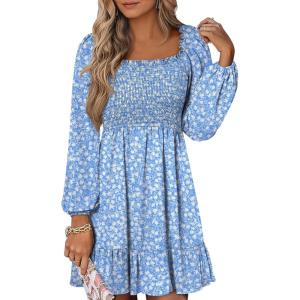 ANRABESS Womens Long Lantern Sleeve Square Neck Dress Smocked Tiered High Waist Ruffle Flowy Swing 2025 Fall Short Dresses(Floral Blue)