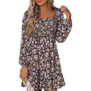 ANRABESS Womens Long Lantern Sleeve Square Neck Dress Smocked Tiered High Waist Ruffle Flowy Swing 2025 Fall Short Dresses(Floral Navy Blue)