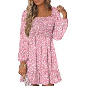 ANRABESS Womens Long Lantern Sleeve Square Neck Dress Smocked Tiered High Waist Ruffle Flowy Swing 2025 Fall Short Dresses(Floral Pink)
