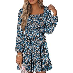 ANRABESS Womens Long Lantern Sleeve Square Neck Dress Smocked Tiered High Waist Ruffle Flowy Swing 2025 Fall Short Dresses(Print Blue White)