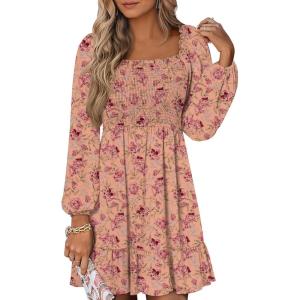 ANRABESS Womens Long Lantern Sleeve Square Neck Dress Smocked Tiered High Waist Ruffle Flowy Swing 2025 Fall Short Dresses(Print Rose Pink)