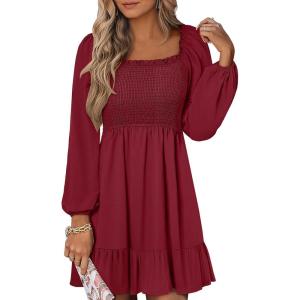 ANRABESS Womens Long Lantern Sleeve Square Neck Dress Smocked Tiered High Waist Ruffle Flowy Swing 2025 Fall Short Dresses(Red)