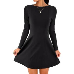 ANRABESS Women’s Long Sleeve A-Line Mini Dress 2025 Fall Boat Neck Semi Formal Fit and Flare Casual Business Short Dresses(Black)