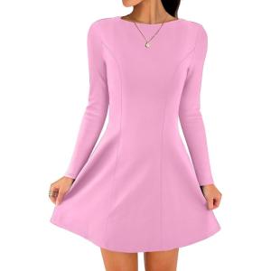 ANRABESS Women’s Long Sleeve A-Line Mini Dress 2025 Fall Boat Neck Semi Formal Fit and Flare Casual Business Short Dresses(Pink)