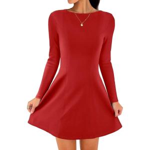 ANRABESS Women’s Long Sleeve A-Line Mini Dress 2025 Fall Boat Neck Semi Formal Fit and Flare Casual Business Short Dresses(Red)