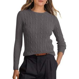 ANRABESS Womens Long Sleeve Cable Knit Sweater Jumper Crewneck Pullover Soft Dressy Casual Tops Cute 2025 Fall Trendy Outfits(Dark Grey)
