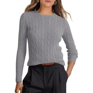 ANRABESS Womens Long Sleeve Cable Knit Sweater Jumper Crewneck Pullover Soft Dressy Casual Tops Cute 2025 Fall Trendy Outfits(Grey)
