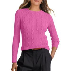 ANRABESS Womens Long Sleeve Cable Knit Sweater Jumper Crewneck Pullover Soft Dressy Casual Tops Cute 2025 Fall Trendy Outfits(Hot Pink)