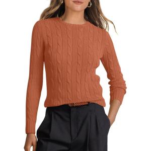 ANRABESS Womens Long Sleeve Cable Knit Sweater Jumper Crewneck Pullover Soft Dressy Casual Tops Cute 2025 Fall Trendy Outfits(Rust)