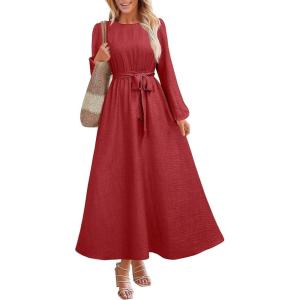 ANRABESS Womens Long Sleeve Dress 2025 Fall Casual Empire Waist A-Line Flowy Maxi Dresses with Pockets Vacation Outfits(Birck Red)