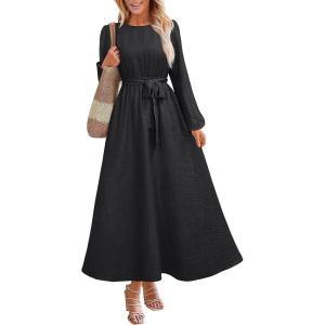 ANRABESS Womens Long Sleeve Dress 2025 Fall Casual Empire Waist A-Line Flowy Maxi Dresses with Pockets Vacation Outfits(Black)